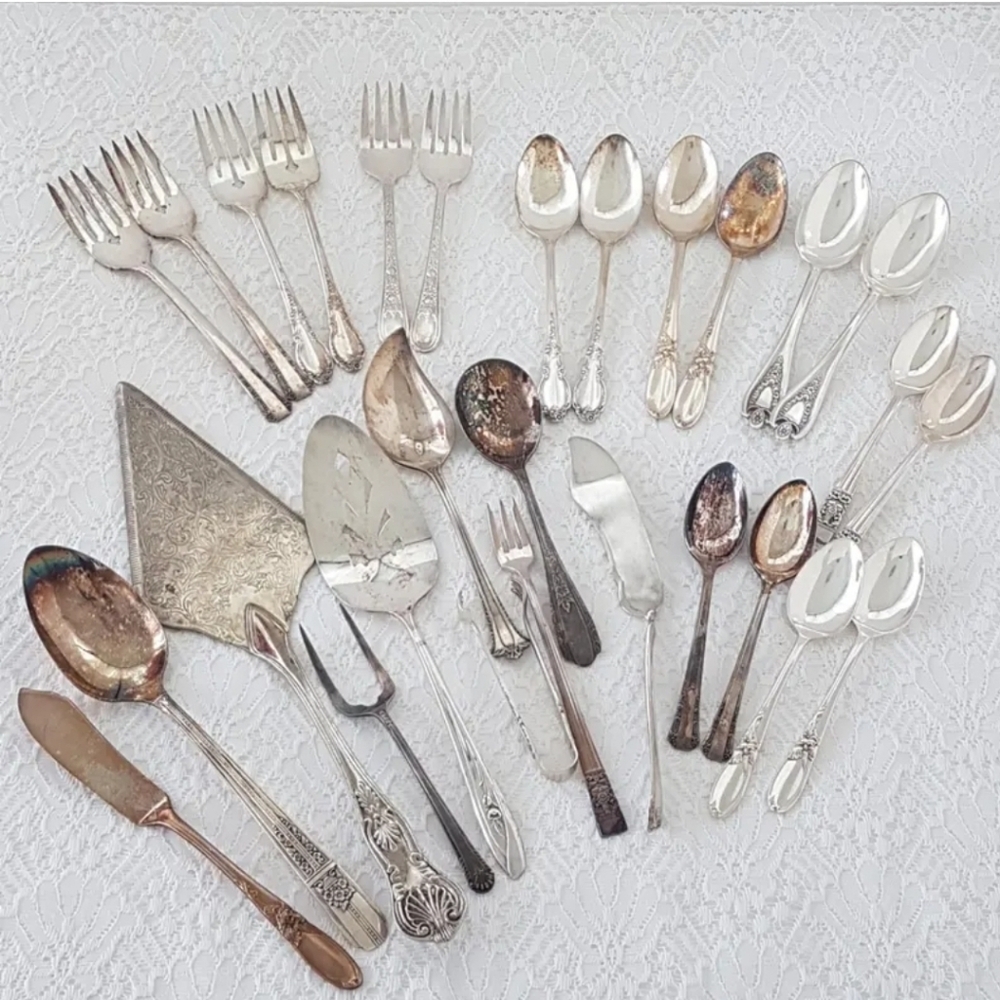 Vintage 28-Piece Mismatched Silver Plate Dessert Cutlery Set for Tea Parties